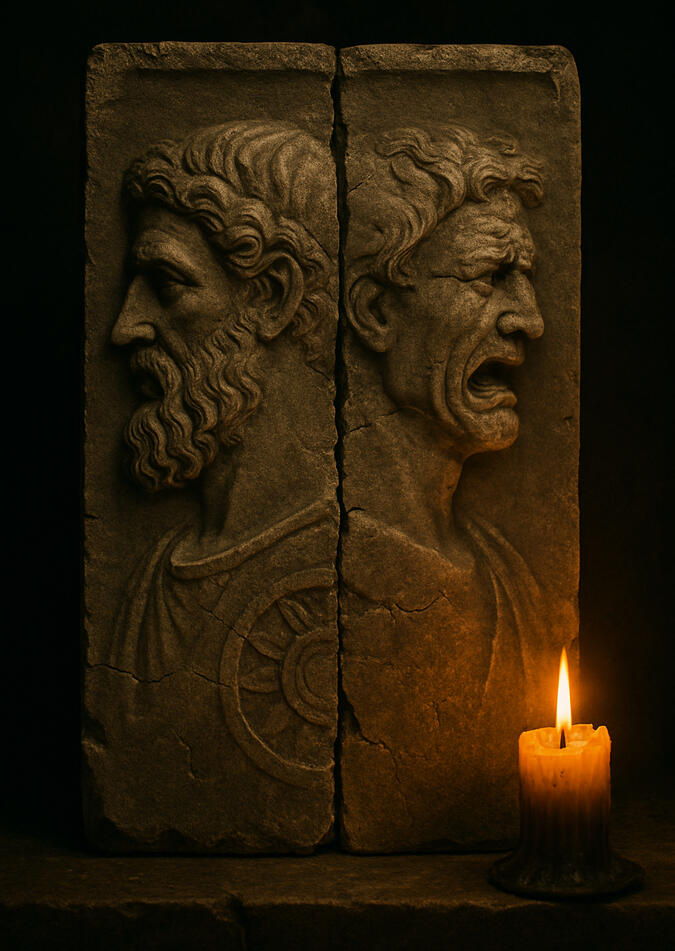 Janus Rue – Where fracture, shame, and desire converge Cracked mosaic of the two-faced god Janus beside a flickering candle — representing fractured identity, erotic duality, and the mythic undercurrent of Janus Rue’s manifesto.